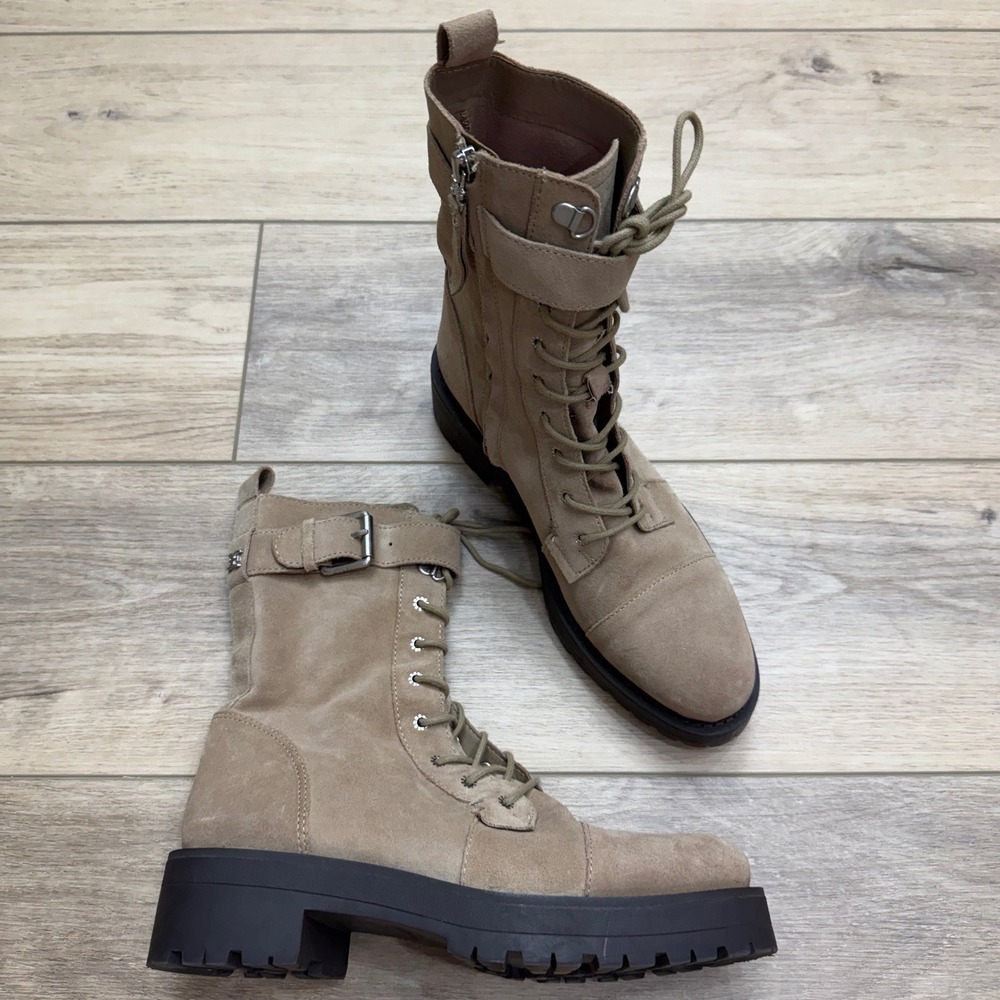 Sam Edelman Junip Tan Suede Combat Boots Lug Sole Side Zip Buckle‎ Detail Size 8